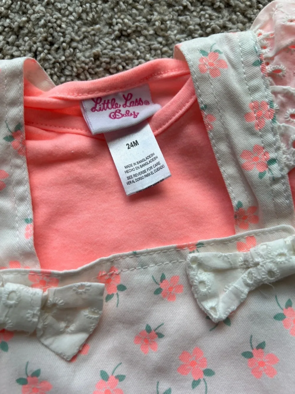 Little Lass Coral Pink Floral Pinafore Dress Set - Picture 3 of 4